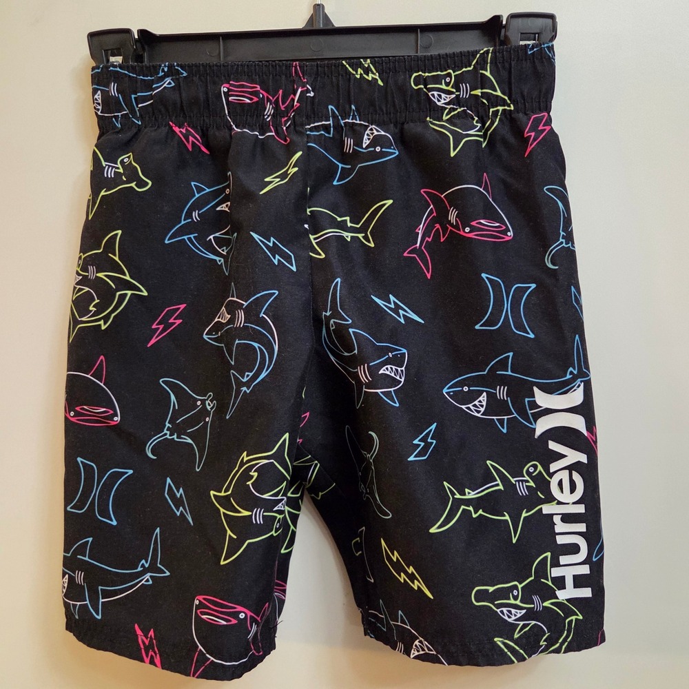 Hurley Boys Black Neon Shark Lightning Bolt Print Swim Trunks Board Shorts Sz 7